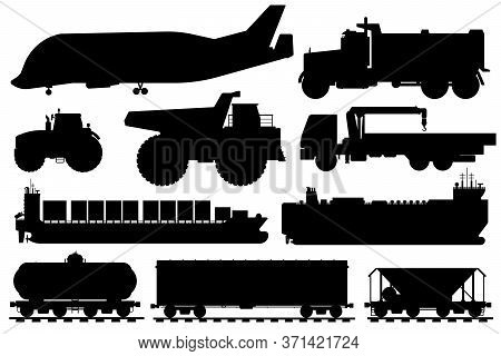 Freight Shipping Silhouette. Cargo Shipping Vehicle Icon. Isolated Industrial Aircraft, Dump, Crane 
