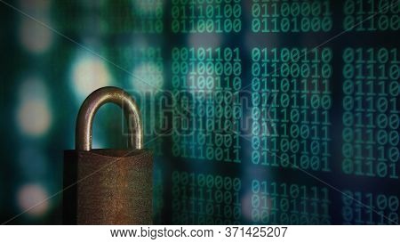 Password Protected. Metal Padlock Over Multiple Exposure Digital Matrix Language Binary Code. Data P