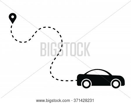 Car Dotted Path Line Driving Away From Destination Journey Trip. Black Illustration Isolated On A Wh