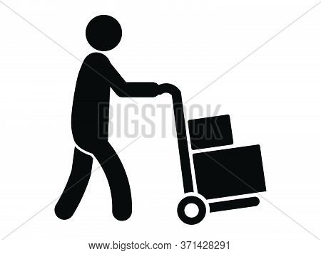 Delivery Person Stick Figure Pushing A Loaded Cart With Two Boxes. Black Illustration Isolated On A 