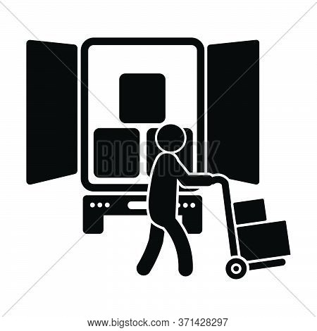 Delivery Person Unloading From Truck.  Black Illustration Isolated On A White Background. Eps Vector