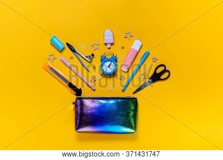 Back To School Concept Notepad, Pencil Case, Stationery And School Supplies. Top Horizontal View Cop
