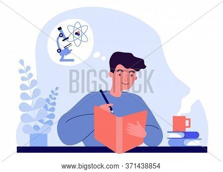 Student Guy Studying Chemistry. Man Reading Book, Microscope And Molecule In Thought Bubble Flat Vec