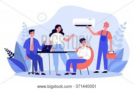 Technician Visiting Office For Air Conditioner Repair. Office Workers, Overall, Tool Box Flat Vector