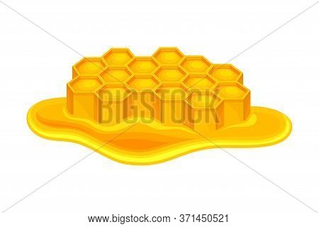Honey Omb With Hexagonal Wax Cells And Flowing Down Sticky Liquid Vector Illustration