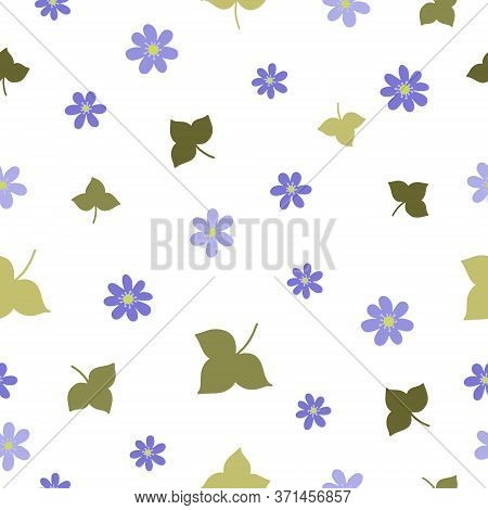 Blossoms Of Hepatica And Leaves Seamless Pattern. Botanical Seamless Pattern.