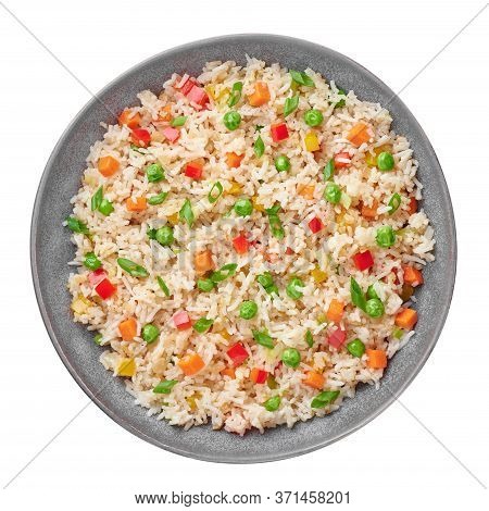 Veg Fried Rice In Gray Bowl Isolated On White Backdrop. Veg Fried Rice Is Indo Chinese Cuisine Dish.