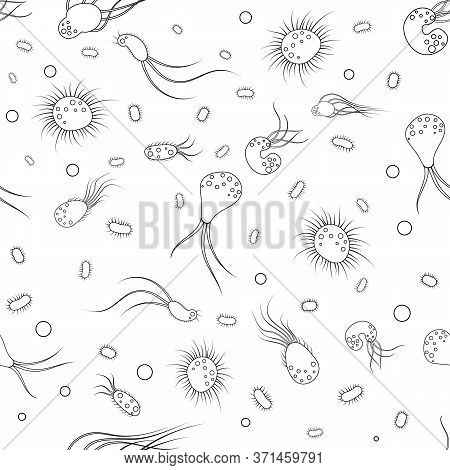 Pattern With Icons Of Infectious Bacteria And Biological Viruses. Flat Cartoon Illustration Backgrou