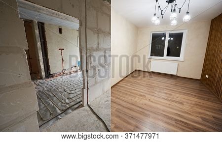 Comparison Of Room In Apartment Before And After Renovation. Spacious Light Room With Modern Wood La