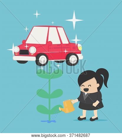 Businesswoman Who Is Watering Flowers And Getting Produce As A Car Is Like Having A Bonus For Her In