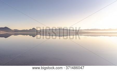 Panorama Frame Tranquil Sunset Over Bonnievale Salt Flats, Utah