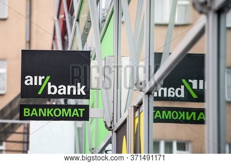 Prague, Czechia - November 2, 2019: Air Bank Logo  In Front Of Their Main Atm For Prague. Part Of Pp