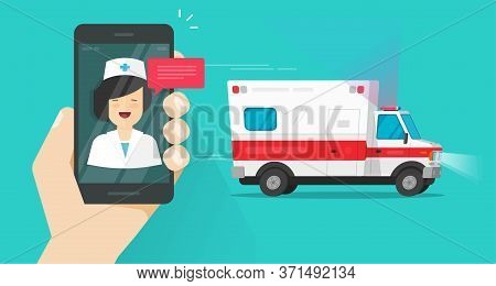 Phone Calling Emergency Doctor Online Near Ambulance Car Vehicle Vector Flat Cartoon, Mobile Smartph