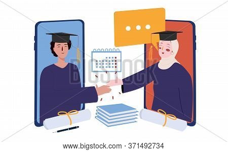 Graduates Congratulate Friend Through Video Call Using Application Smartphones .graduation During Pa