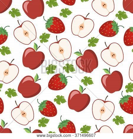 Seamless Apple And Strawberry Pattern. Vector Illustration