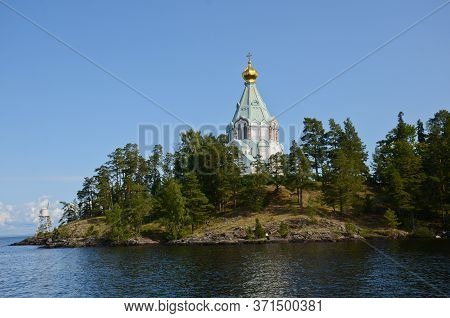 Nikolsky Skit On Valaam Island Seen From Ladoga Lake. Pilgrimage And Vacation Concept, Horizontal Ph
