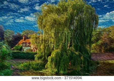 Bucolic Landscape Of Trees And House On Riverbank In A Sunny Summer Day Of Cambridge. A Beautiful An