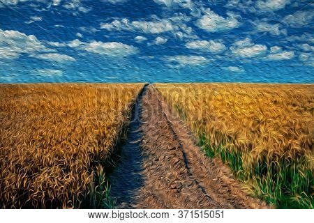 Bucolic Landscape Of Dirt Trail Going Through Wheat Field In A Sunny Summer Day Of Cambridge. A Beau