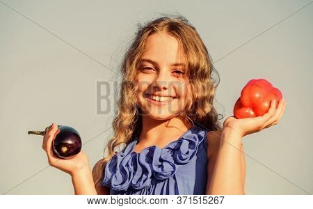 Girl Happy Smiling Child Living Healthy Life. Healthy Lifestyle. Kid Gathering Vegetables Sky Backgr