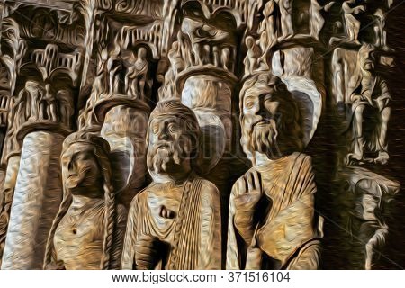 Statues Of Figures Illustrating Key Theological Themes And Narratives Next To The Main Entrance Of C