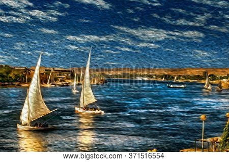 Traditional Sailing Boats Called Felucca Sailing The Nile River. The Longest Watercourse On Earth Th