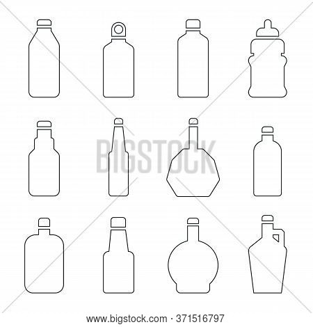 Various Glass Outline Bottle Icon Set. Thin Line Silhouette.