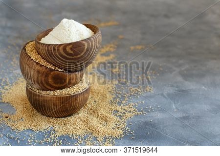 Bowls Of Raw Amaranth Flour And Seeds Close Up With Copy Space