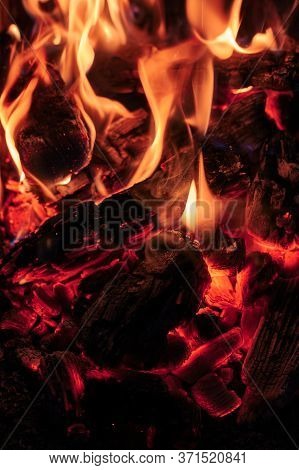 Coals In A Fire Close-up At Night
