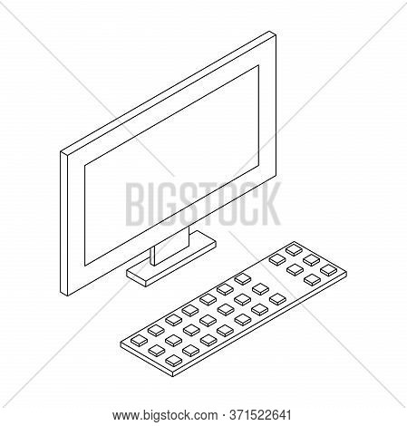 Personal Computer. Lcd Minotor And Keyboard. Outline Vector Drawing Illustration Isolated On White B