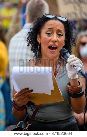 Richmond, North Yorkshire, Uk - June 14, 2020: A Female Speaker At A Black Lives Matter Protest In R