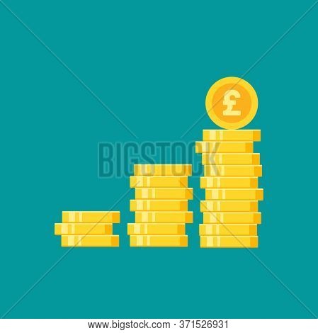 Stack Of Golden Pound Sterling Coins. Flat Gold Icon. Isolated On Blue. Economy, Finance, Money Pict