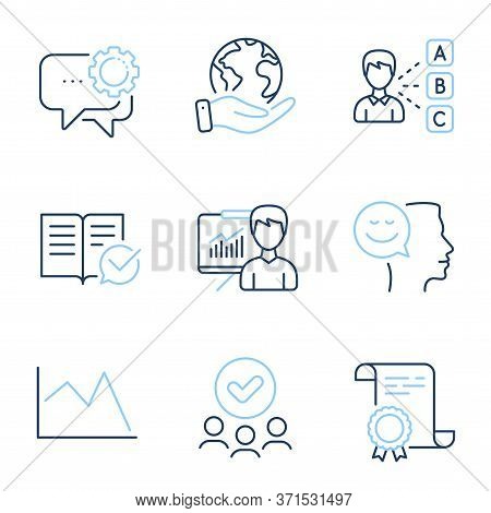 Line Chart, Approved Documentation And Good Mood Line Icons Set. Diploma Certificate, Save Planet, G