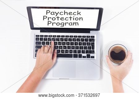 Someones Sitting Om Chair And Using Laptop, Paycheck Protection Program Concept
