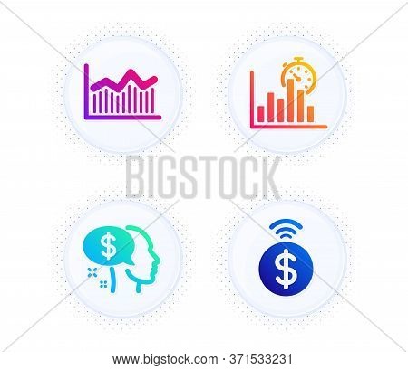 Report Timer, Pay And Money Diagram Icons Simple Set. Button With Halftone Dots. Contactless Payment