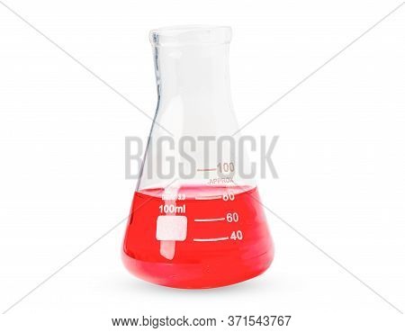 Erlenmeyer Flask, Conical Flask Glassware With Red Color Liquid Solution In Science Chemistry Labora