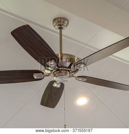 Square Crop Electrical Fan With Built In Lights Installed On Decorative Wooden Ceiling Beam