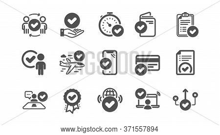 Approve Icons Set. Accepted Document, Right Choice, Interviewed. Quality Check, Protection, Checklis