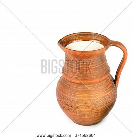 Clay Jug With Fresh Milk Isolated On White Background. Healthy Food. Free Space For Text.
