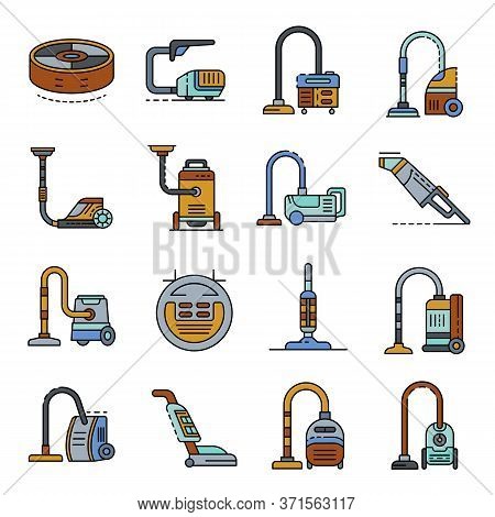 Vacuum Cleaner Icons Set. Outline Set Of Vacuum Cleaner Vector Icons Thin Line Color Flat Isolated O