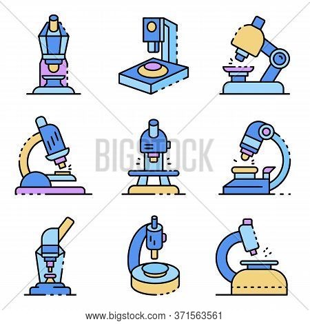 Microscope Icons Set. Outline Set Of Microscope Vector Icons Thin Line Color Flat Isolated On White