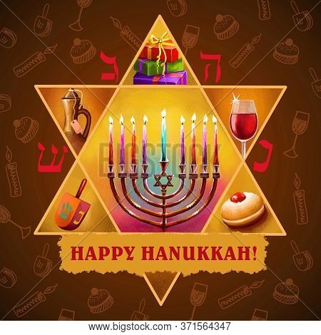 Happy Hannukah, Chanukah Digital Art Illustration. Religious Jewish Holiday Commemorating The Rededi