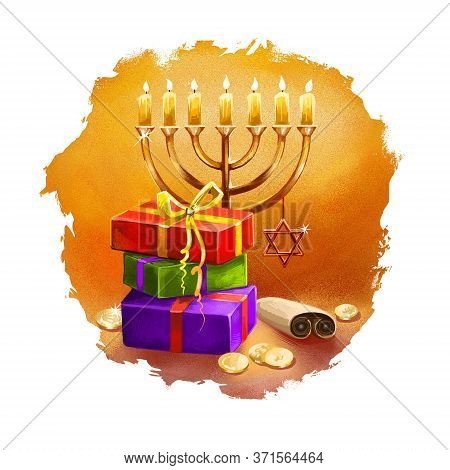 Happy Hannukah, Chanukah Digital Art Illustration. Religious Jewish Holiday Commemorating The Rededi