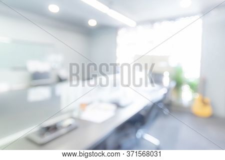 Abstract Blurred Office Hall Interior Room. Blurry Corridor In Working Space With Defocused Effect. 