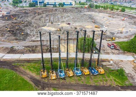 Heavy Equipment For Installing Piles In The Ground, Heavy Machines For Driving Foundation Pillars Ar