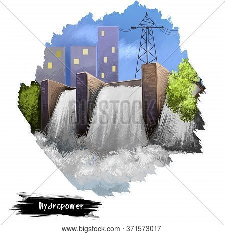 Hydropower Digital Art Illustration Isolated On White. Dam Building, Alternative Sources Of Energy, 