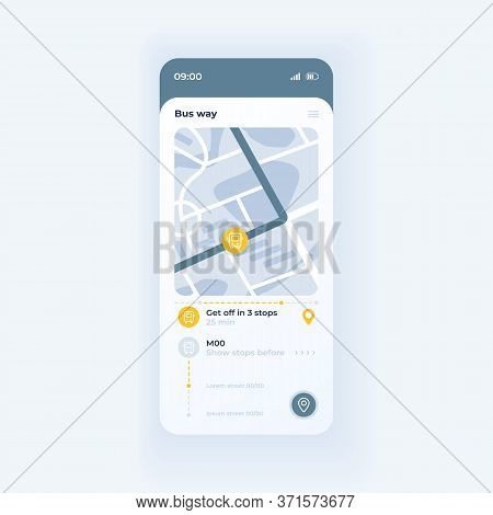 Bus Tracking App Smartphone Interface Vector Template. Mobile App Page Light Theme Design Layout. Pu