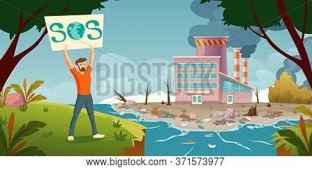 Eco Activist Protests Against Air And Ocean Pollution, Deforestation. Vector Cartoon Illustration Wi