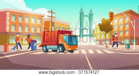Street Cleaning With Garbage Truck And Sweeper Characters In City. Workers Sorting Trash, Sweep And 