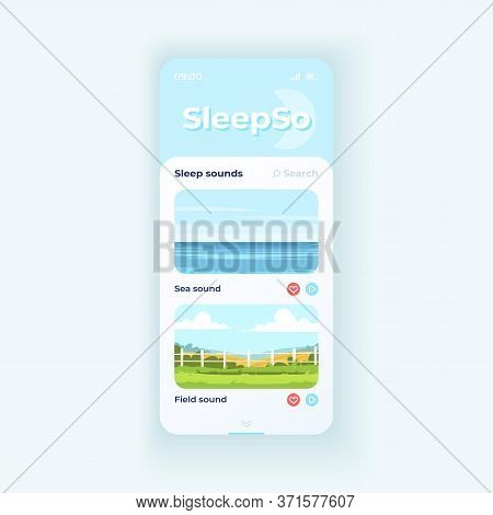Sleep Sounds Playlist App Smartphone Interface Vector Template. Mobile App Page Light Theme Design L