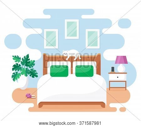 Bedroom Interior. Modern Banner. Vector. Design Of A Cozy Room With Double Bed, Bedside Table, Cute 